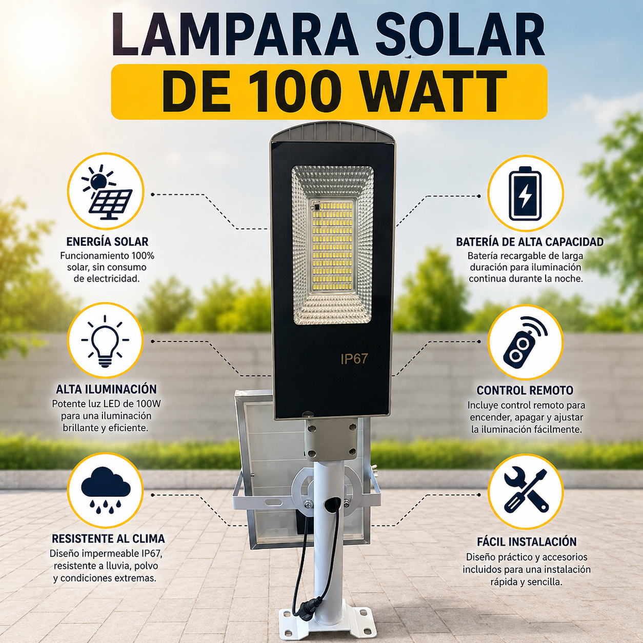 Lampara solar 100 watt con tubo de soporte