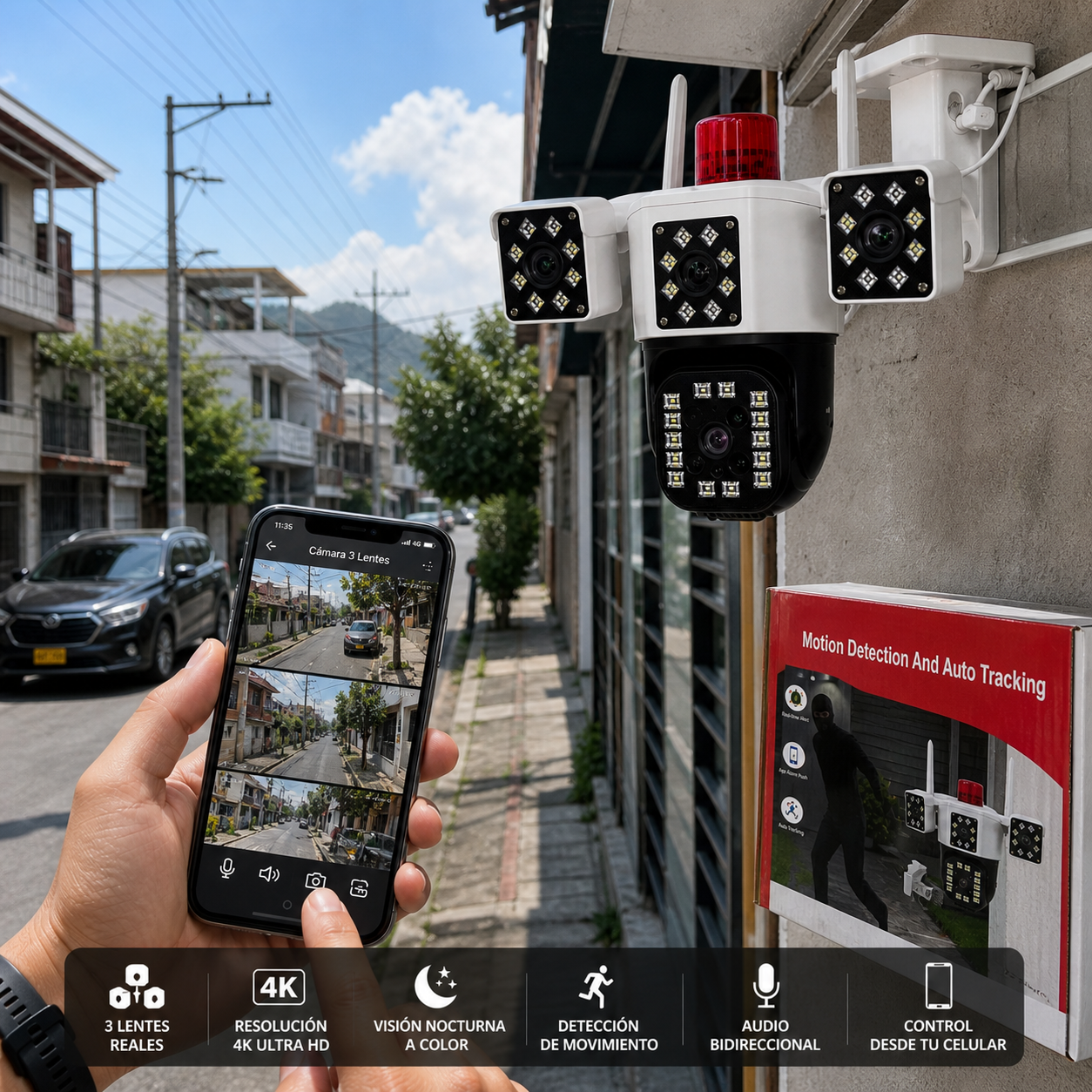 CÁMARA 3 LENTES 4K ULTRA HD – SEGURIDAD TOTAL 360°