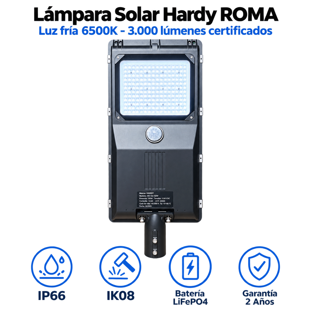 Lámpara Solar Hardy ROMA — Luz Fría 6500K · Alumbrado Público Certificado RETILAP - en uso
