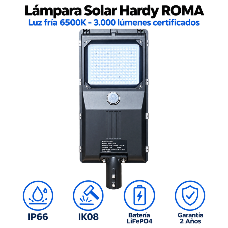 Lámpara Solar Hardy ROMA — Luz Fría 6500K · Alumbrado Público Certificado RETILAP foto 4