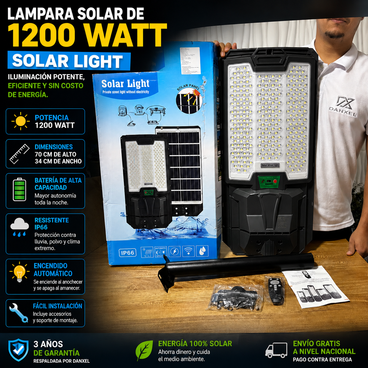 Lampara solar light 1200 watt 3 Años de garantía 70 cm de alto 34 cm ancho