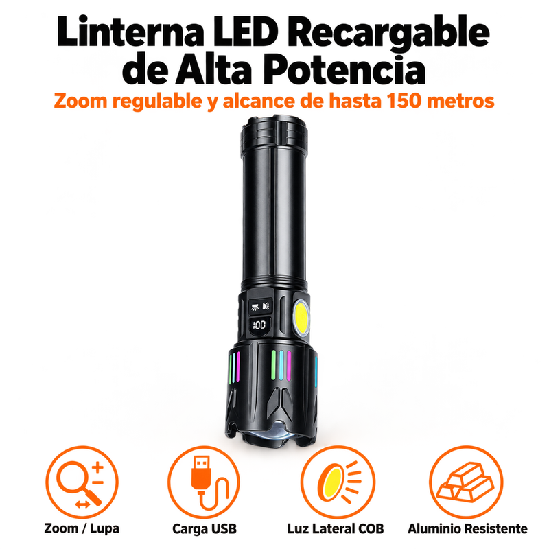 Linterna LED Recargable de Alta Potencia — Zoom, Luz Lateral COB y Carga USB foto 2