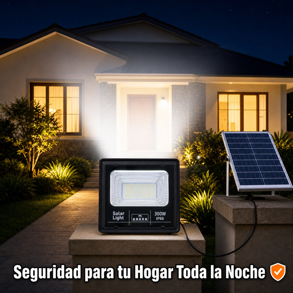 Reflector Solar Jortan 300W iluminando fachada de casa de noche