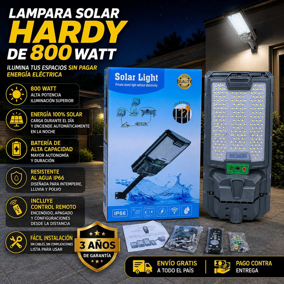Lámpara Solar Hardy 800W – Luz de Calle Solar IP66 con Control Remoto 3 años garantía - 1