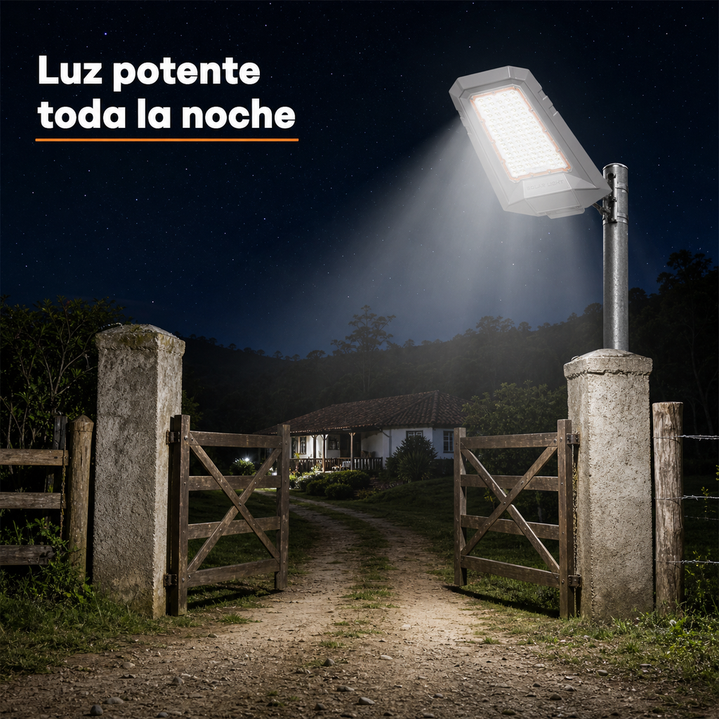 Lámpara solar Hardy 800W iluminando la entrada de una finca de noche