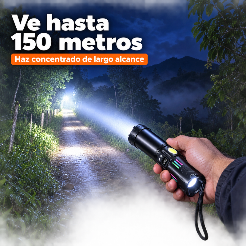 Linterna LED Recargable de Alta Potencia — Zoom, Luz Lateral COB y Carga USB foto 3