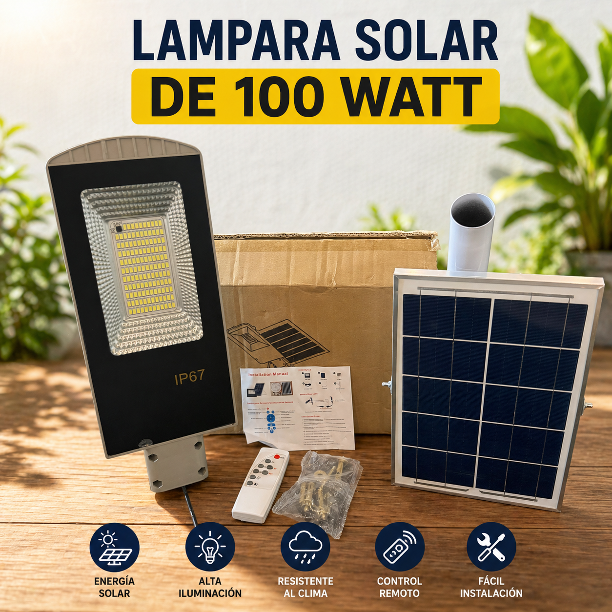 Lampara solar 100 watt con tubo de soporte