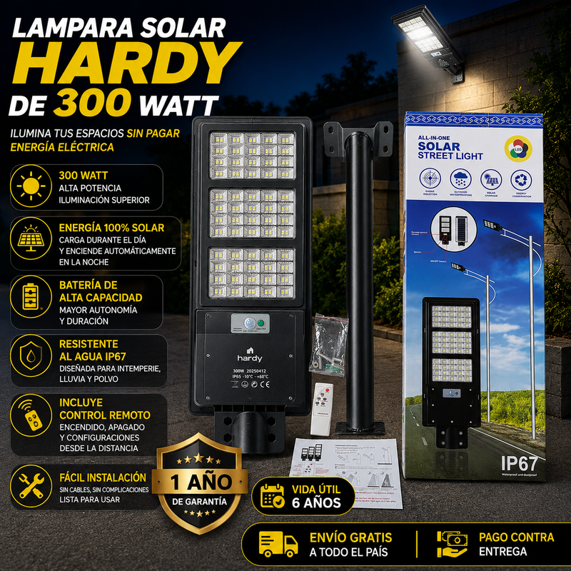 Lámpara Solar Hardy 300W – Luz de Calle IP67 con Control Remoto y Sensor 1 año de garantia foto 1