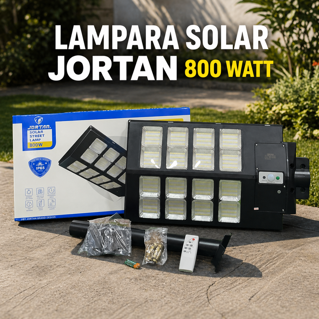 lampara solar 800 watt marca Jortan original un año de garantía medidas 63 cm de largo por 35 cm de ancho
