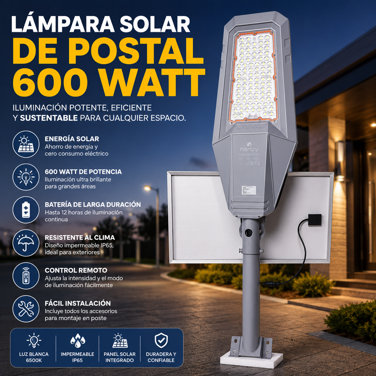 LÁMPARA SOLAR HARDY 600W 62 CM DE ALTO Y 28 CM DE ANCHO