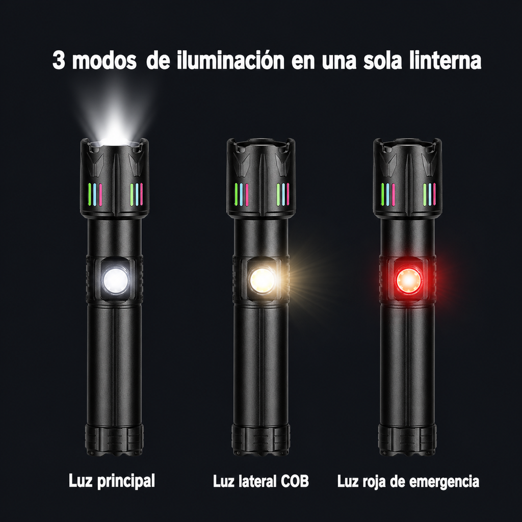 Linterna LED Recargable de Alta Potencia — Zoom, Luz Lateral COB y Carga USB - 5