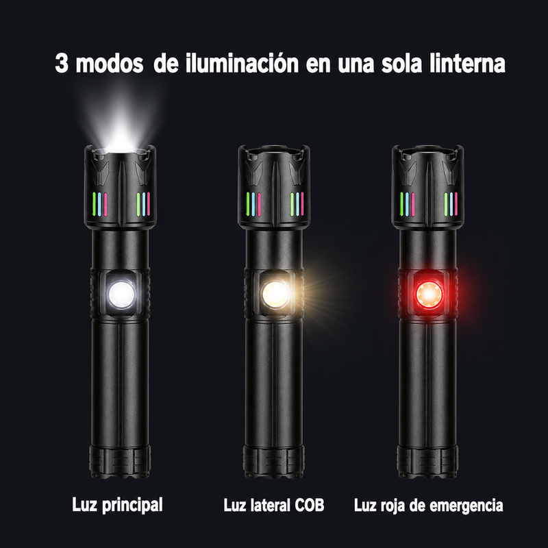 Linterna LED Recargable de Alta Potencia — Zoom, Luz Lateral COB y Carga USB foto 5