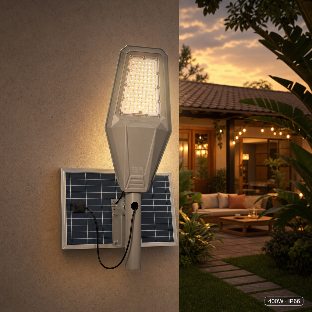 Lampara Solar de Exterior 400W – Luz de Calle IP66 con Panel y Control Remoto - Kit completo