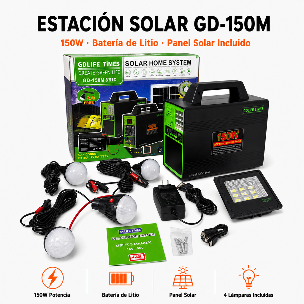 Estación de Energía Solar GD-150M 150W - batería de litio y panel solar