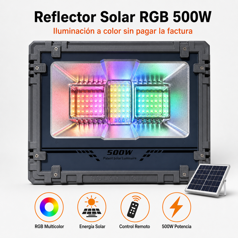 Reflector Solar RGB 500W — Multicolor con Panel Solar y Control Remoto foto 1