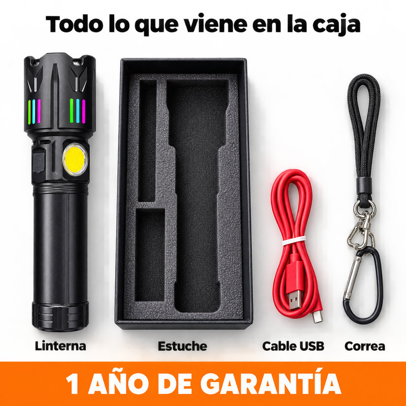 Linterna LED Recargable de Alta Potencia — Zoom, Luz Lateral COB y Carga USB foto 6