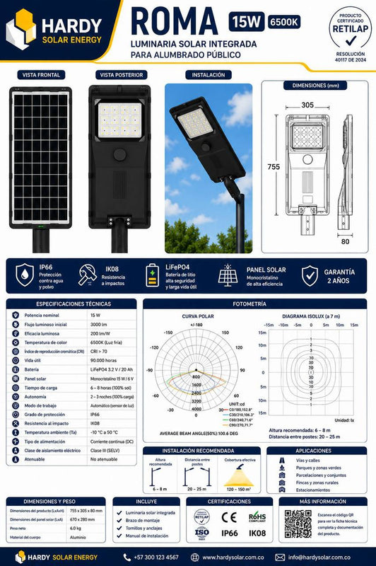 Lámpara Solar Hardy ROMA — Luz Cálida 3000K · Alumbrado Público Certificado RETILAP foto 17