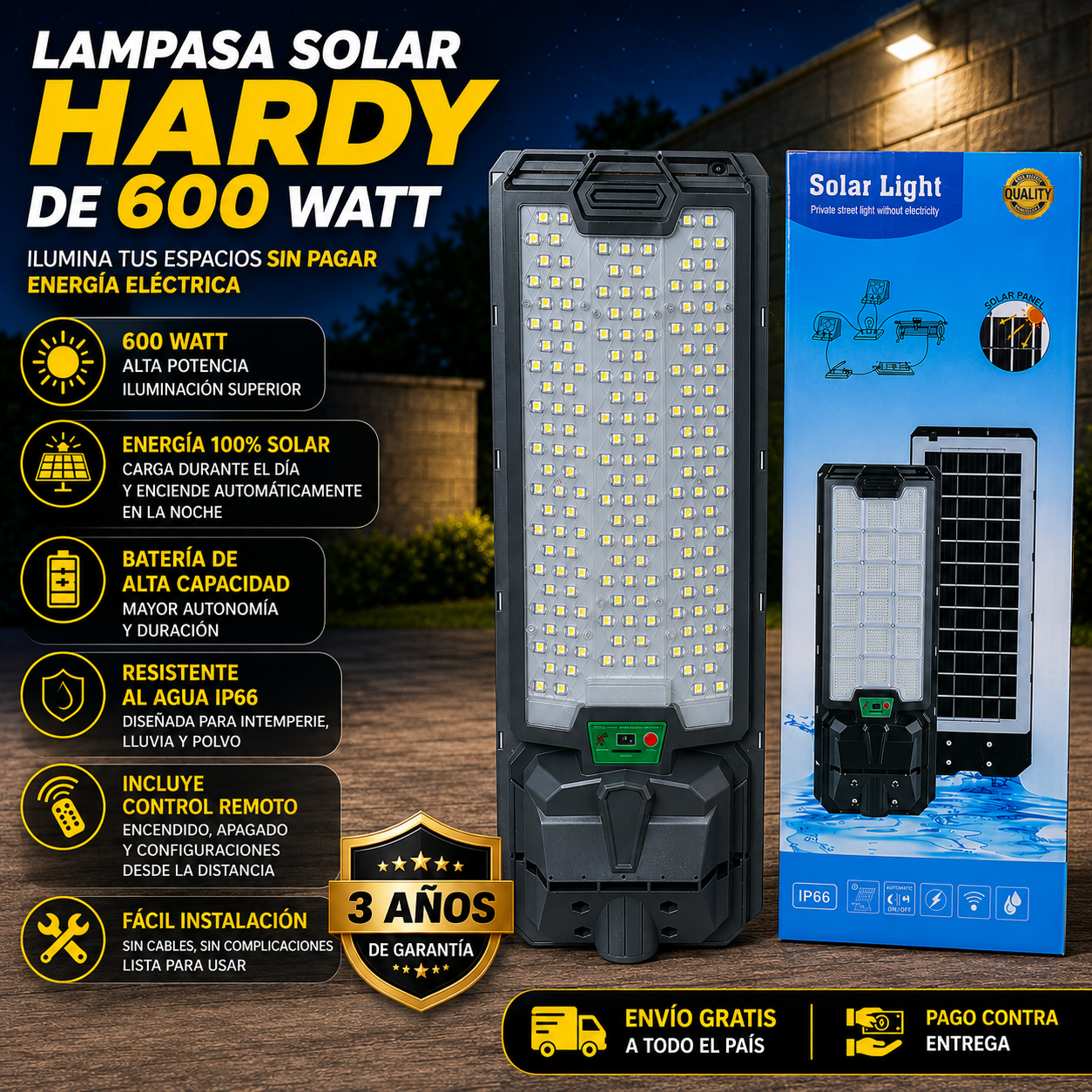 Lampara solar Hardy de 600 watt 3 años de garantía
