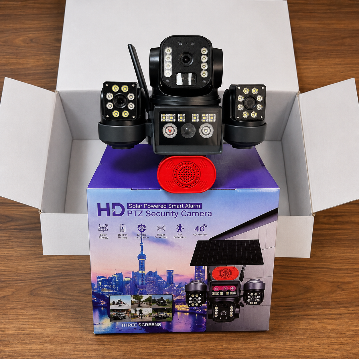 Camara 3 Lentes Solar con Sim Card 360°  3 lentes independientes y 3 pantallas