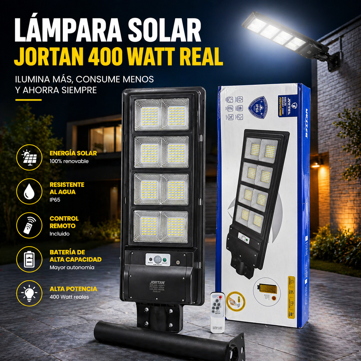 Lampara solar Jortan original de 400 watt un año de garantia tamaño 73CM x 25 CM Ilumina 200 a 250 m2