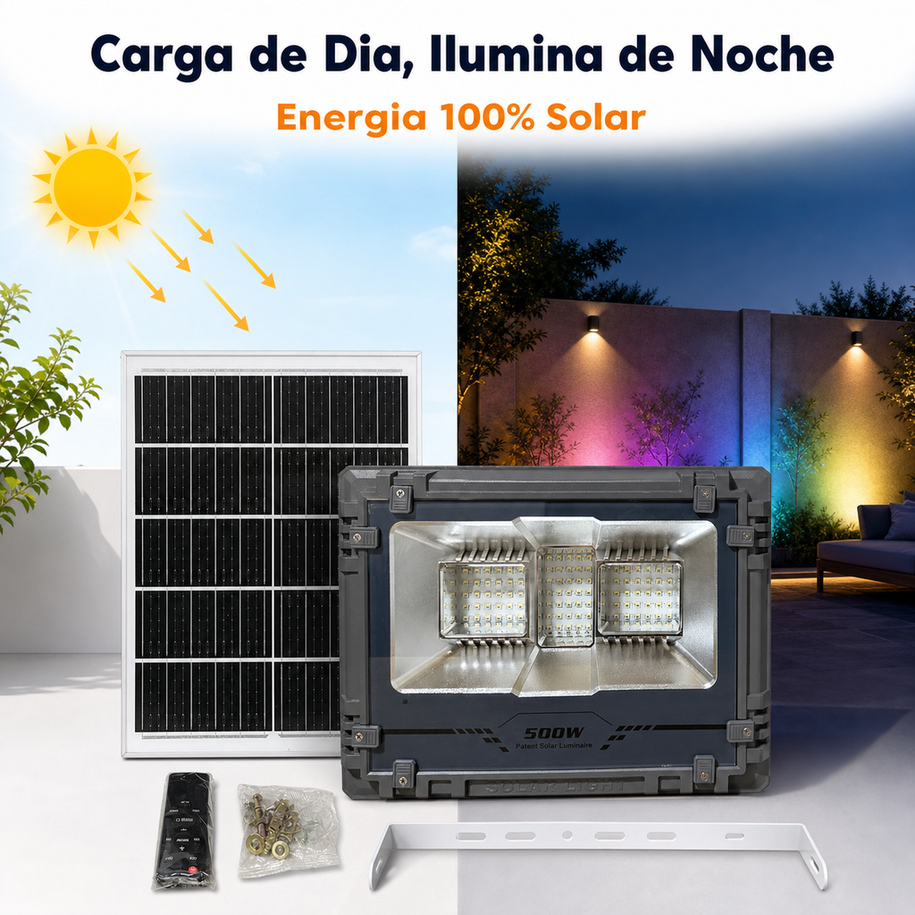 Reflector Solar RGB 500W — Multicolor con Panel Solar y Control Remoto - 4