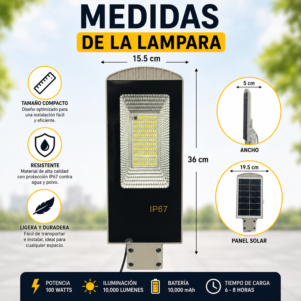 Lampara solar 100 watt con tubo de soporte