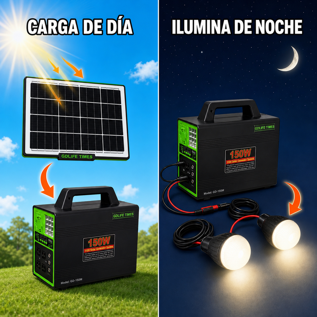 Estación de Energía Solar GD-150M - carga de día con panel solar e ilumina de noche