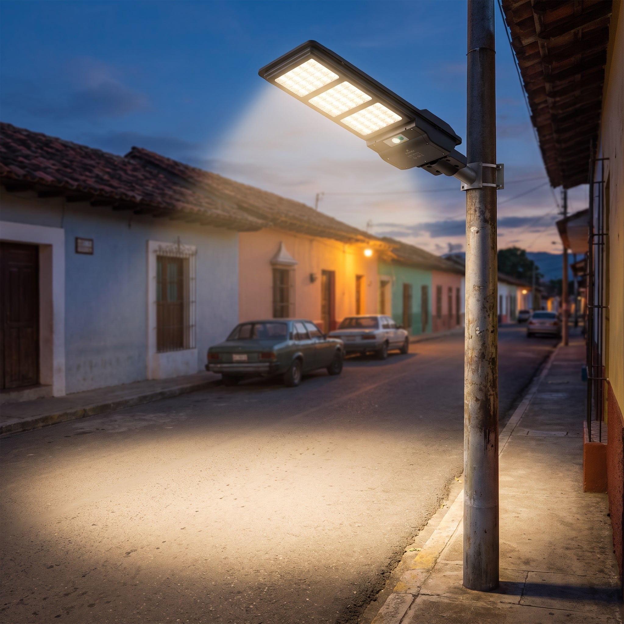 IA-POSTE Lámpara solar Hardy 300W en poste iluminando calle
