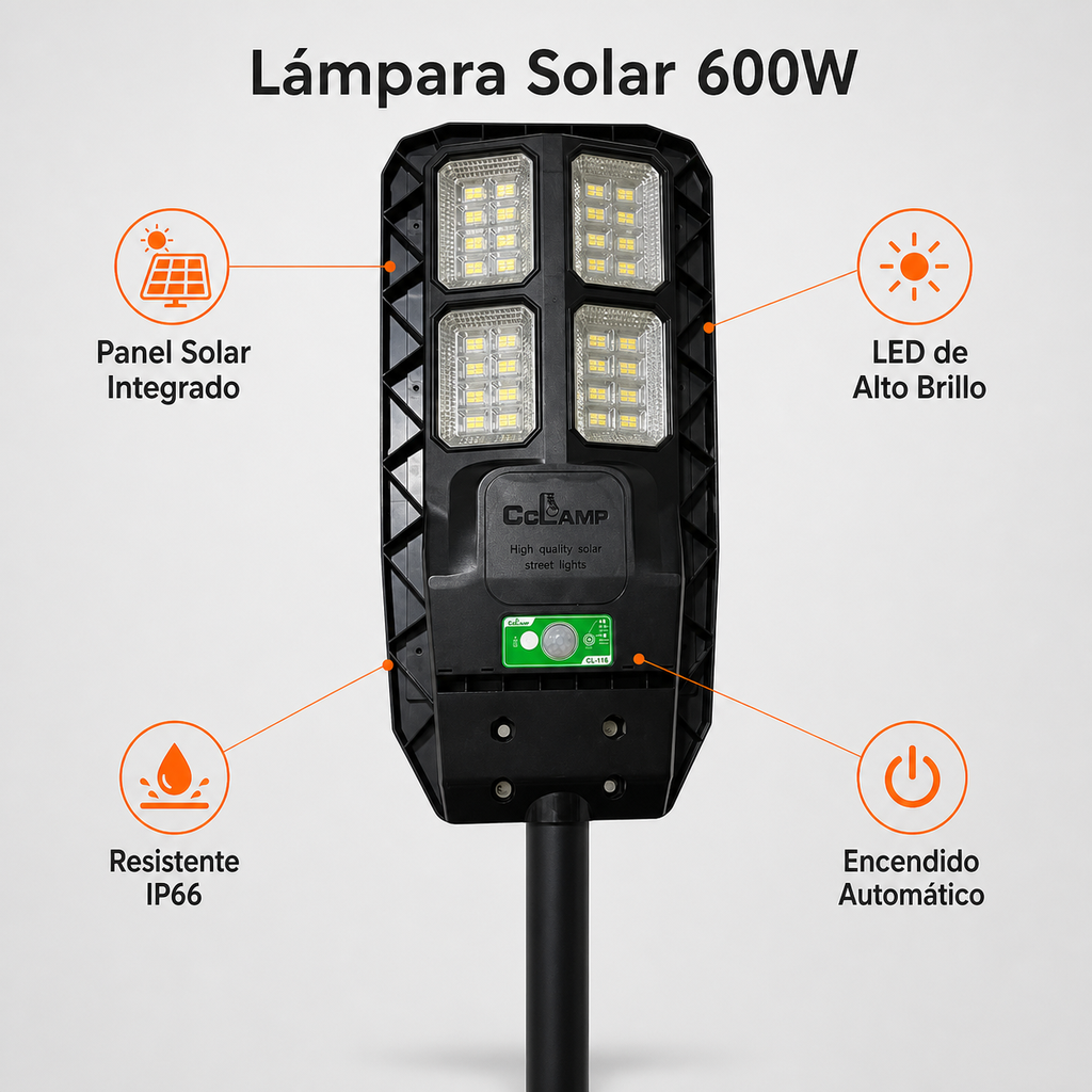 Lámpara Solar Cclamp 600W – Luz de Calle IP66 con Tubo y Control Remoto - 6