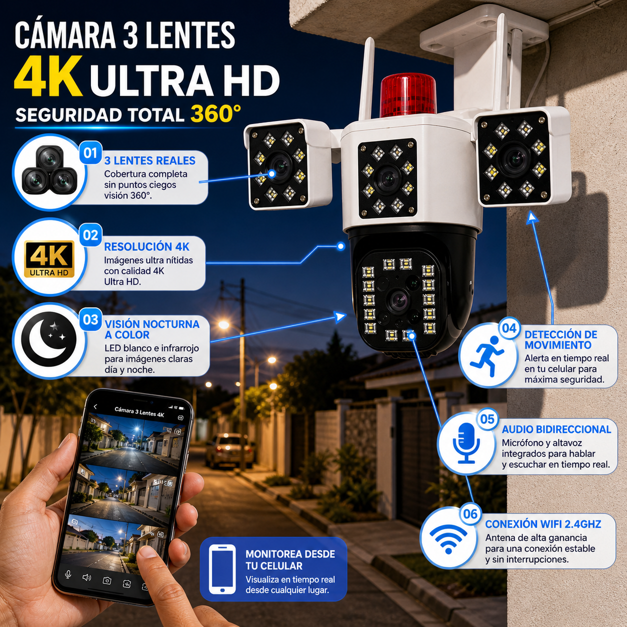 CÁMARA 3 LENTES 4K ULTRA HD – SEGURIDAD TOTAL 360°
