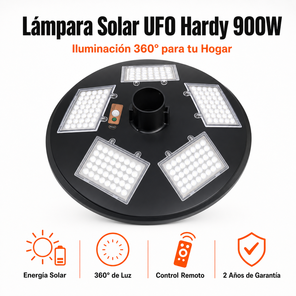 Lámpara Solar UFO Hardy 900W con iluminación 360°, sensor de movimiento y control remoto