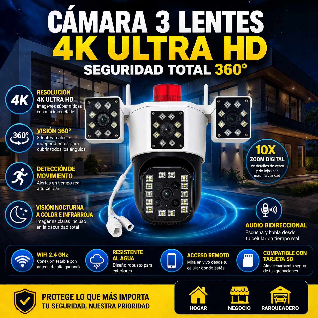 CÁMARA 3 LENTES 4K ULTRA HD – SEGURIDAD TOTAL 360°