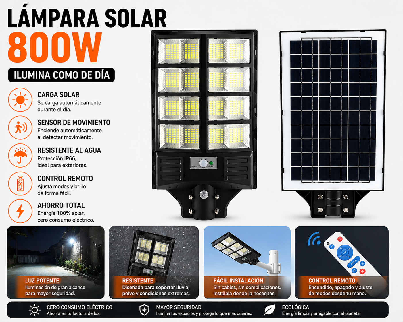lampara solar 800 watt marca Jortan original un año de garantía medidas 63 cm de largo por 35 cm de ancho