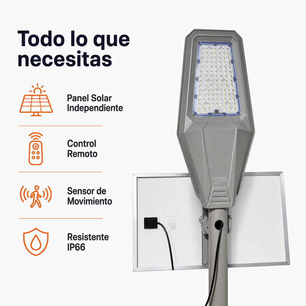 Lampara Solar de Exterior 400W – Luz de Calle IP66 con Panel y Control Remoto - 6