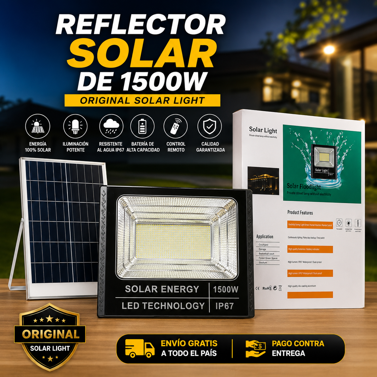Reflector Solar 1500 WATT Tecnología IP67 SOLAR LIGHT 1 año de garantía