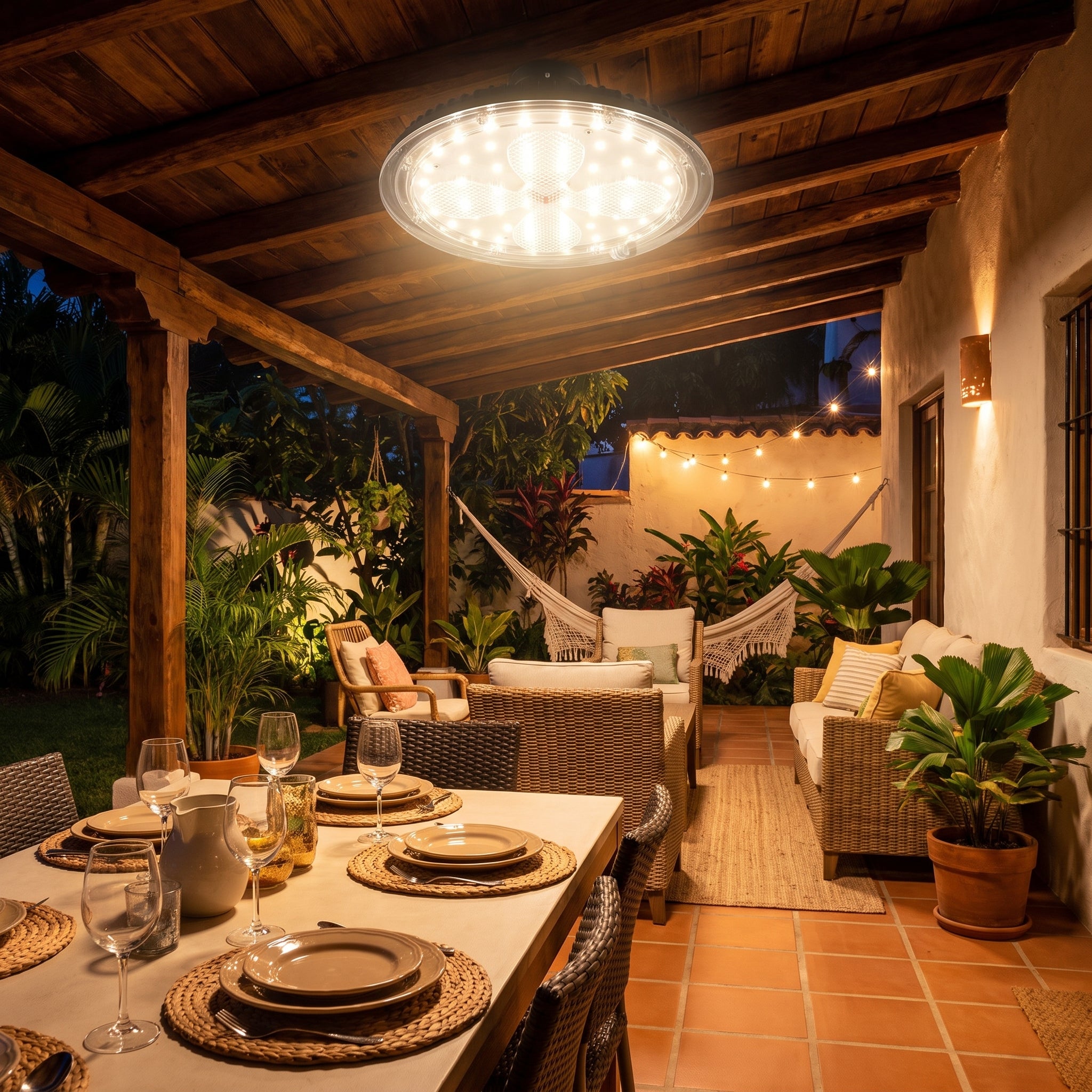 IA-TERRAZA Lámpara solar LED campana 300W en terraza de noche
