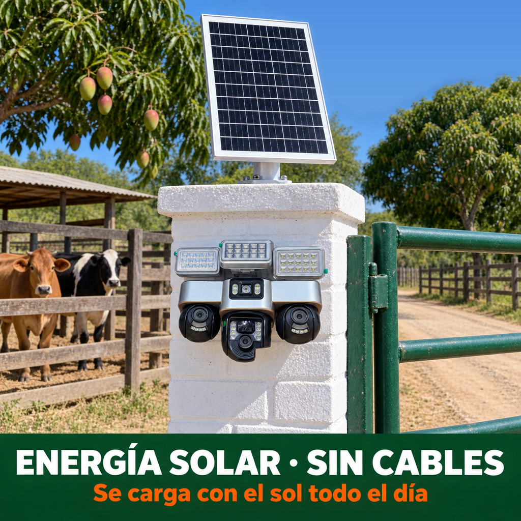 Cámara Solar Inteligente WiFi Triple Lente 360° — 3 Focos LED - en uso
