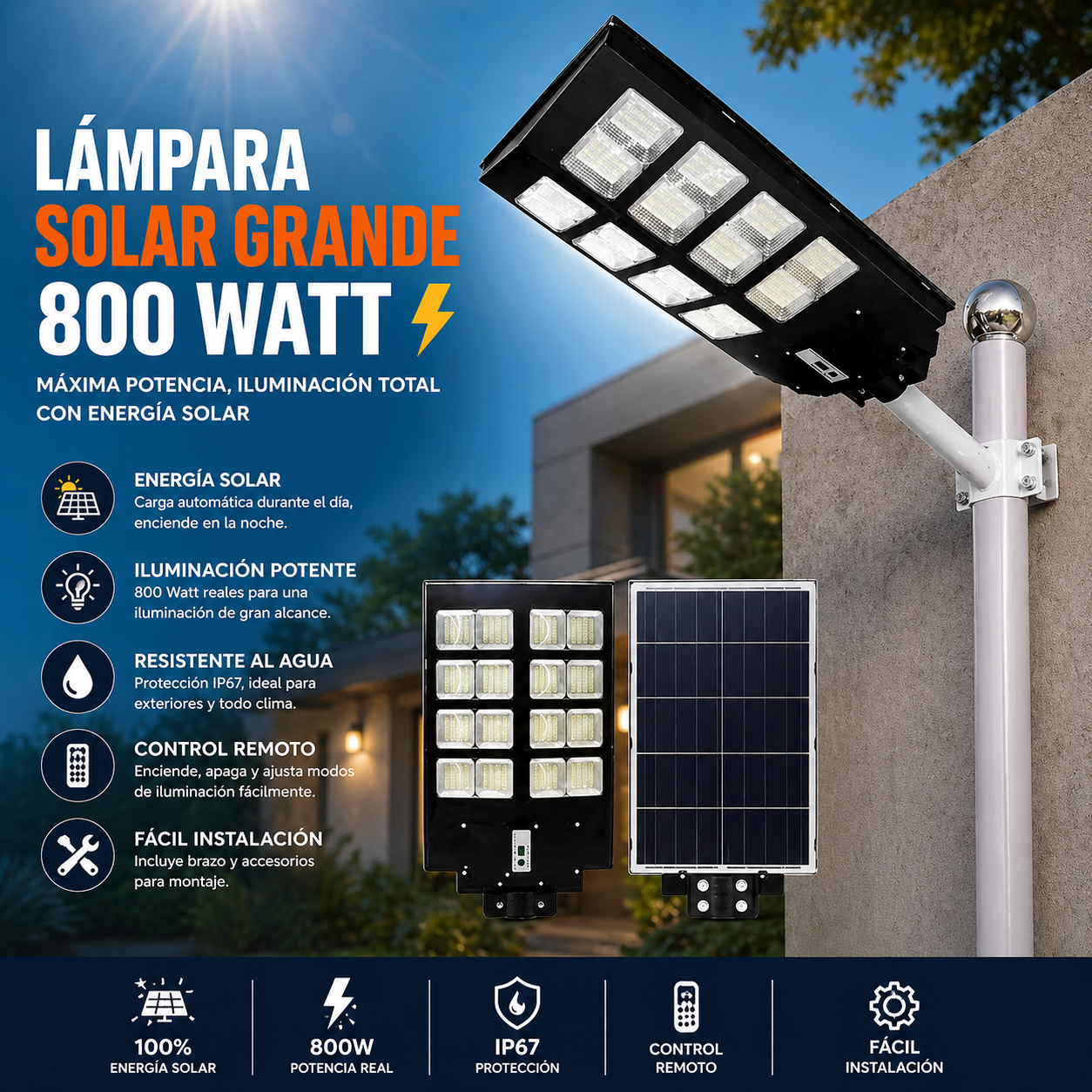 lampara solar 800 watt marca Jortan original un año de garantía medidas 63 cm de largo por 35 cm de ancho