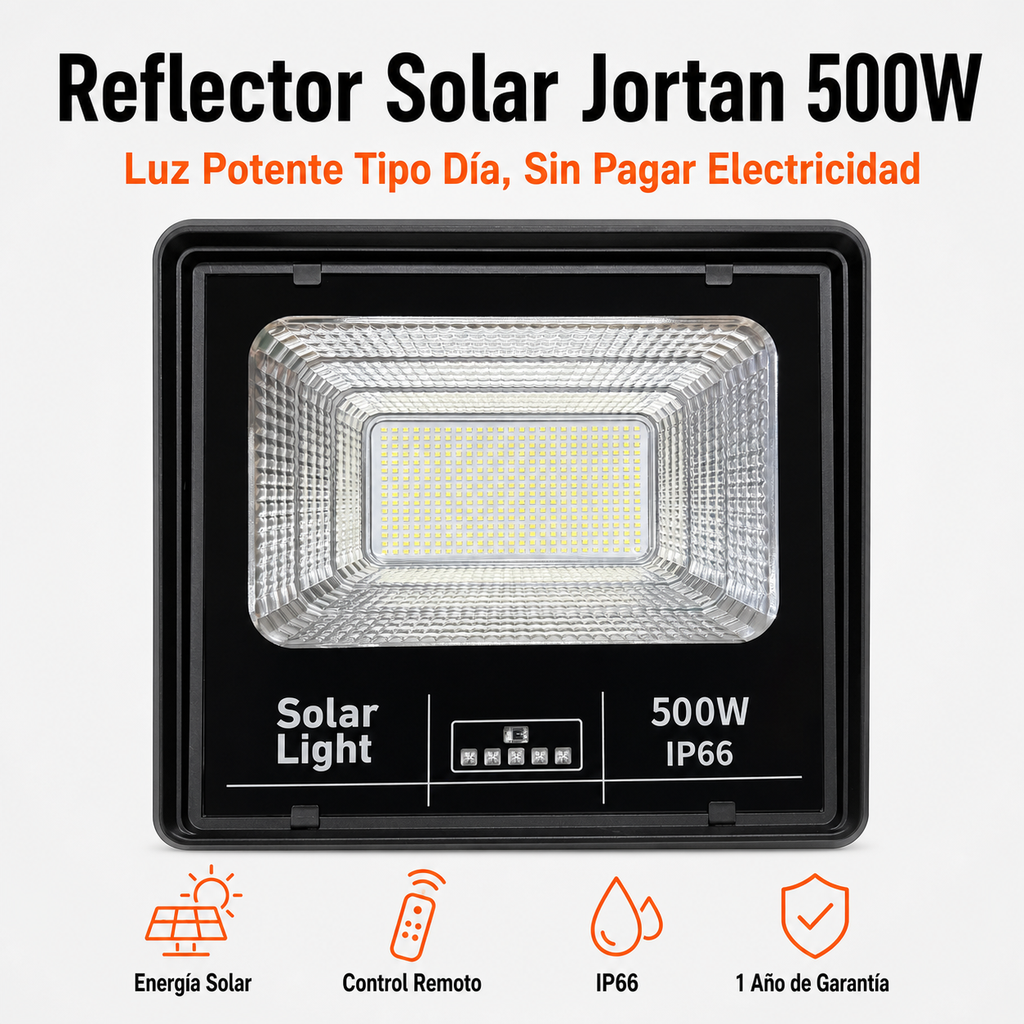 Reflector Solar Jortan 500W — Luz Potente con Control Remoto - Kit completo