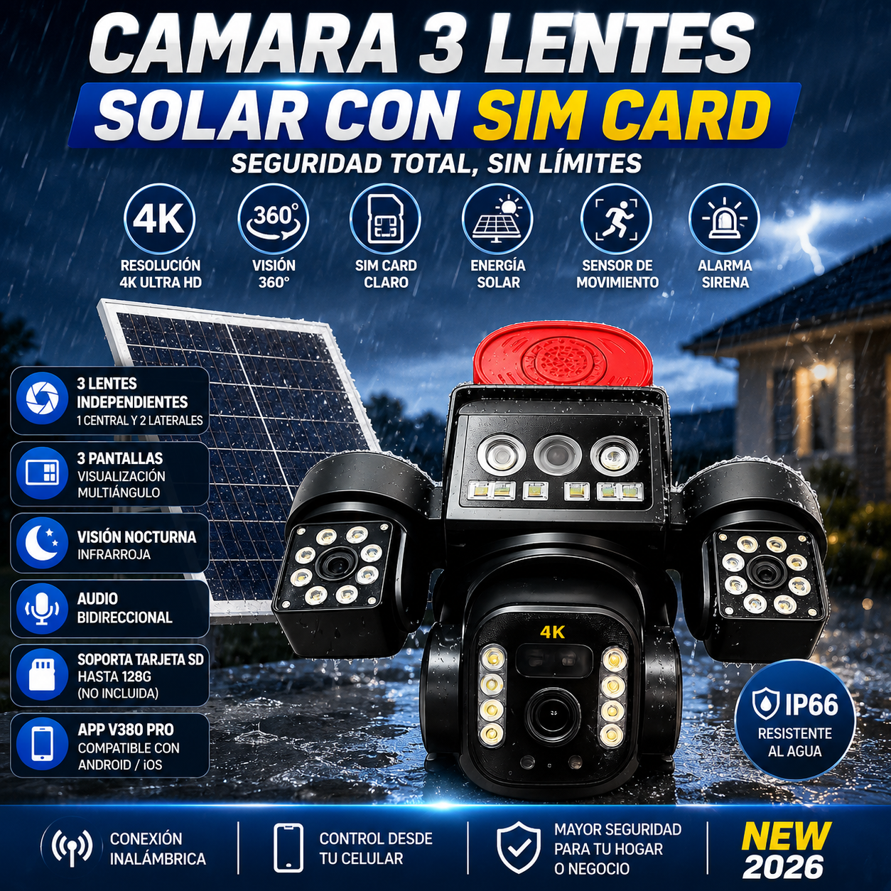 Camara 3 Lentes Solar con Sim Card 360°  3 lentes independientes y 3 pantallas