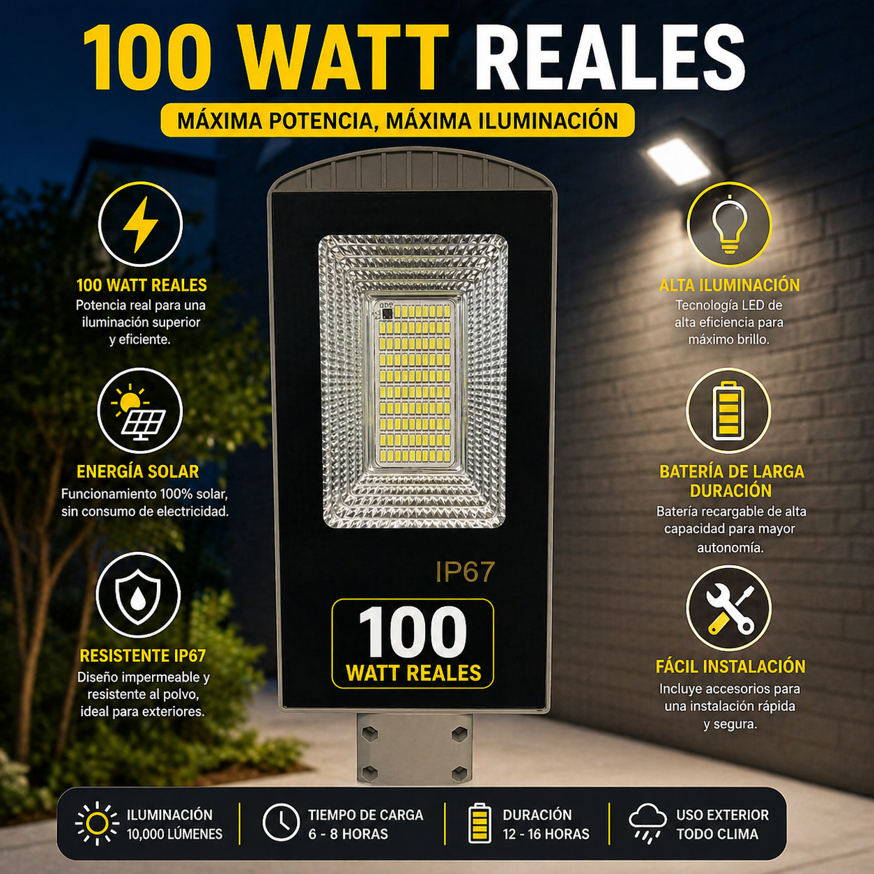 Lampara solar 100 watt con tubo de soporte