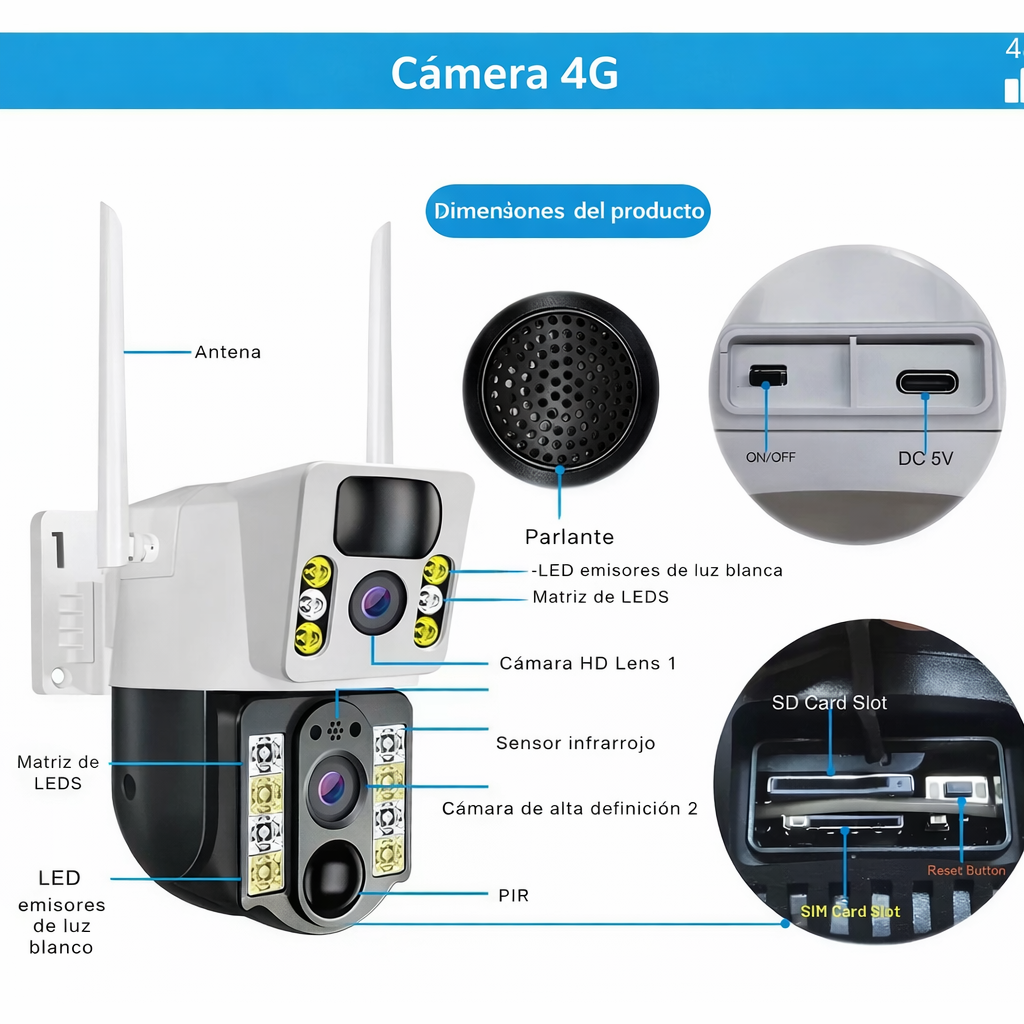 Cámara Solar 4g - 2 lentes  Interiores y Exteriores - Funciona con Chip (Claro o Movistar)