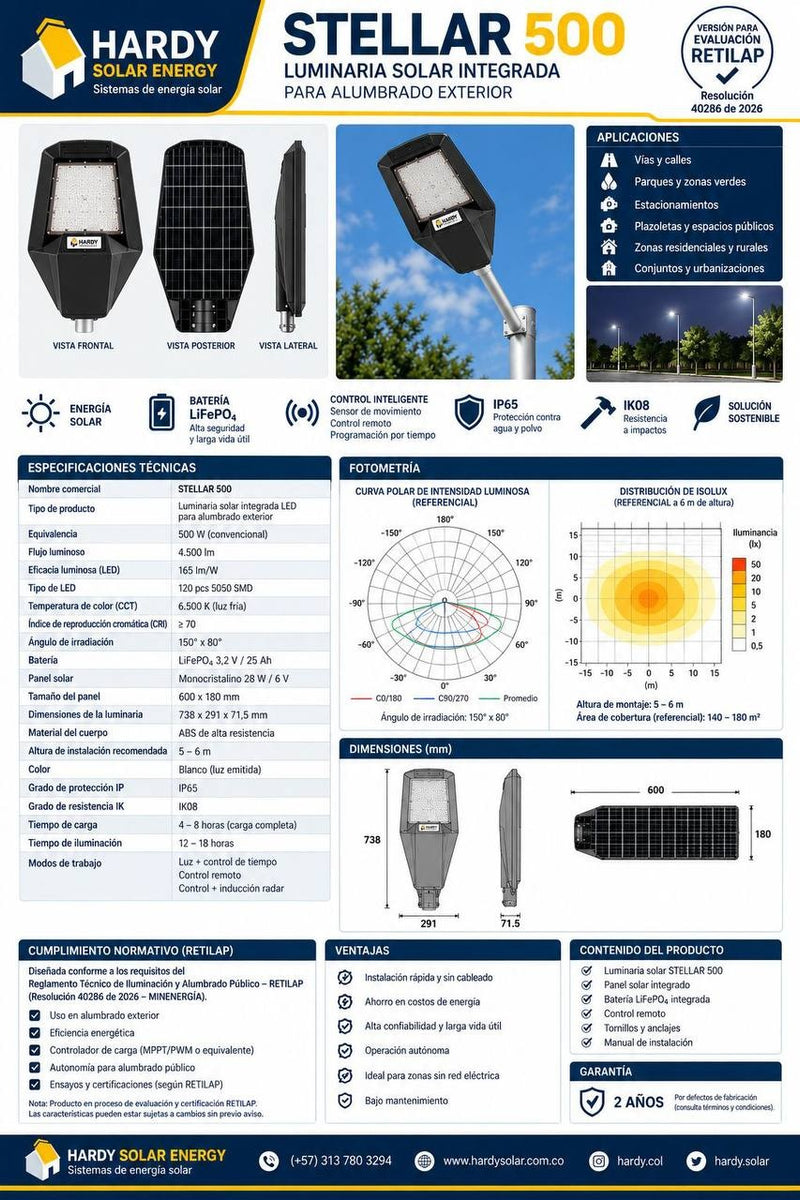Lámpara Solar Hardy Estelar 500 — Luz Fría 6500K · Sensor de Movimiento y Control Remoto - 7