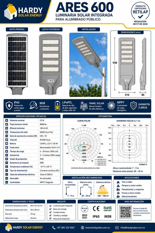 Lámpara Solar Hardy Ares 600 — Luz Cálida · Alumbrado Público Certificado RETILAP foto 7