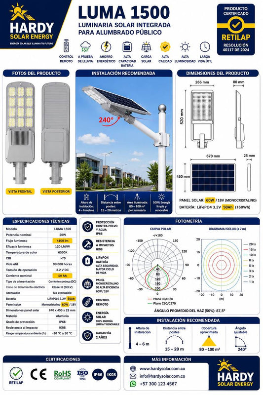 Lámpara Solar Hardy 1500W — Alumbrado Público con Panel Solar Independiente y Control Remoto foto 7