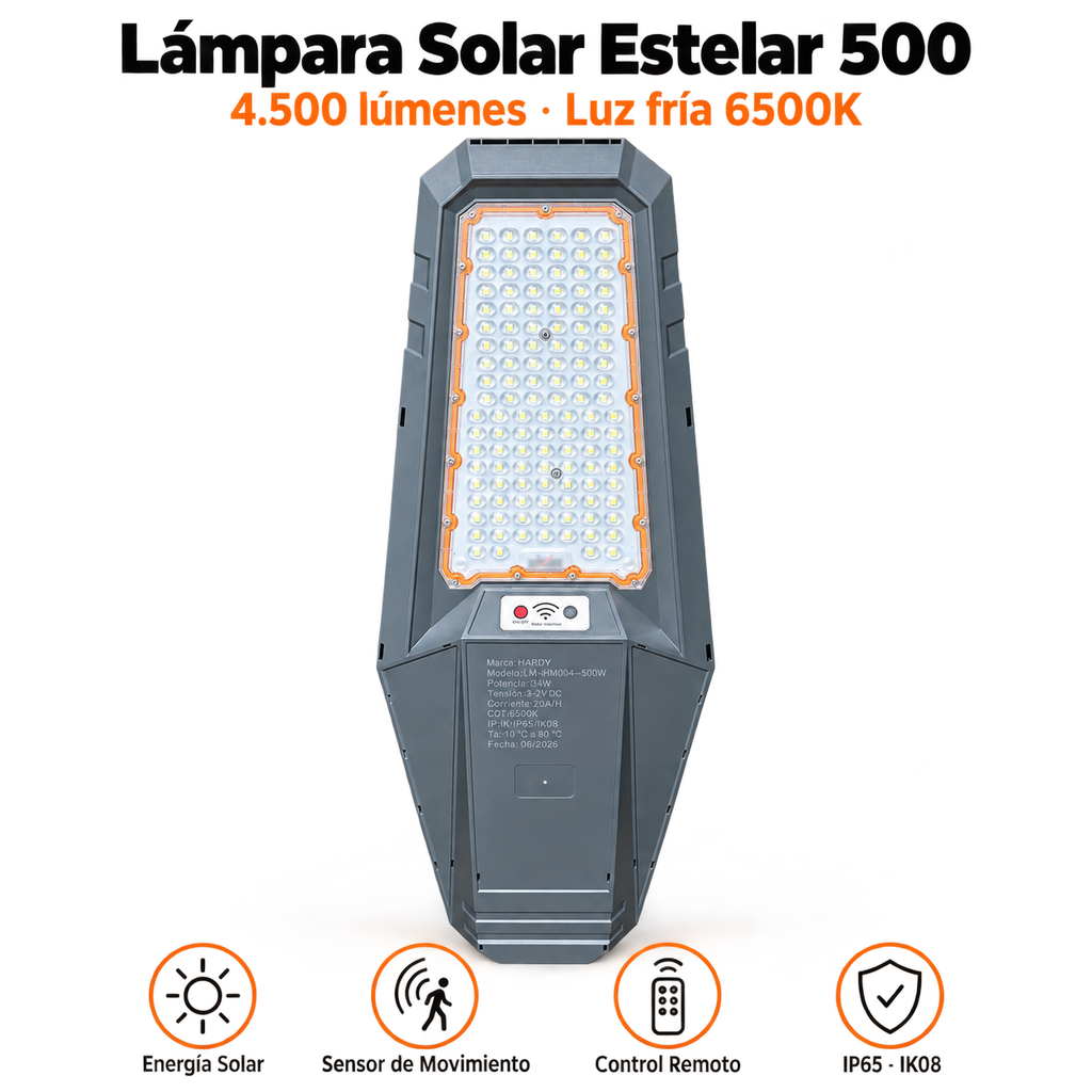 Lámpara Solar Hardy Estelar 500 — Luz Fría 6500K · Sensor de Movimiento y Control Remoto