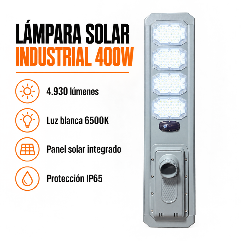 Lámpara Solar Industrial Hardy 400W GR1050S — Panel Integrado, Control Remoto y Brazo foto 2