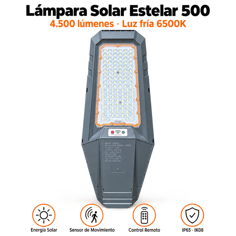 Lámpara Solar Hardy Estelar 500 — Luz Fría 6500K · Sensor de Movimiento y Control Remoto foto 2